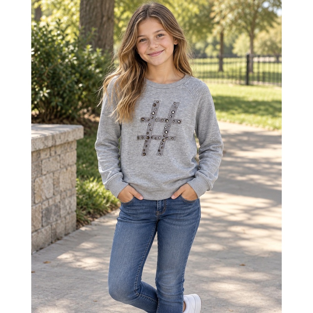 RUUM Girls Gray Hashtag Studded Moto Raglan Sweatshirt XL 14